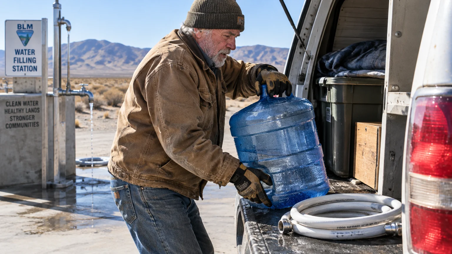 Man in a jacket lifting a large blue water jug into a truck tailgate at a BLM water station.