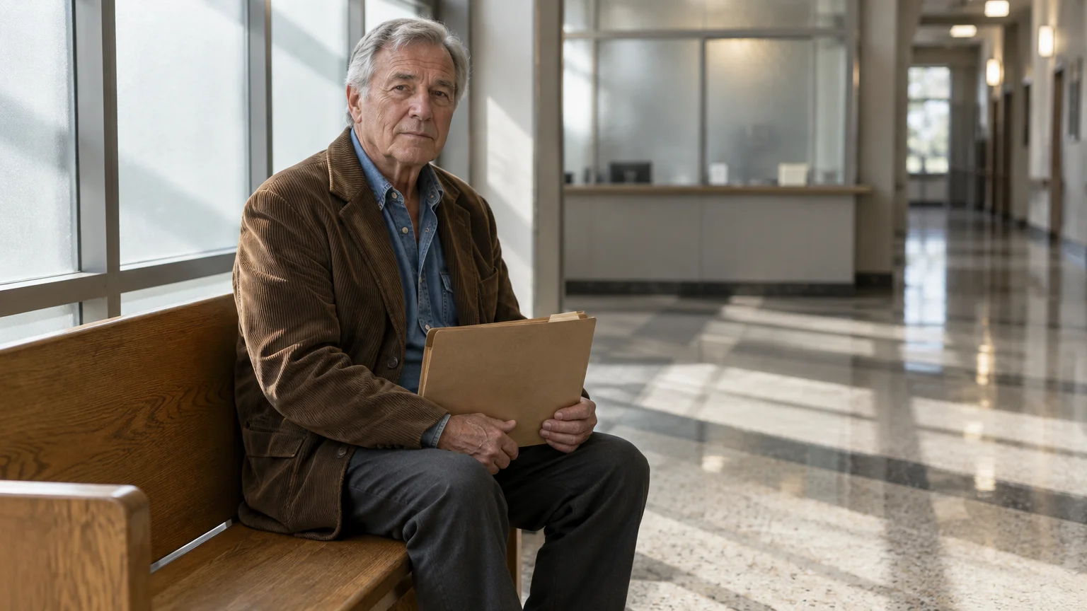 Senior man sitting on a wooden bench in a government building hallway holding a brown folder.
