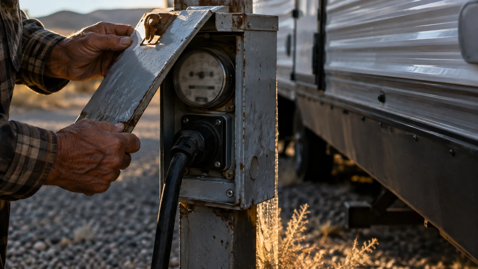 Hands lifting the metal lid of an outdoor electrical meter pedestal plugged into a camper trailer.