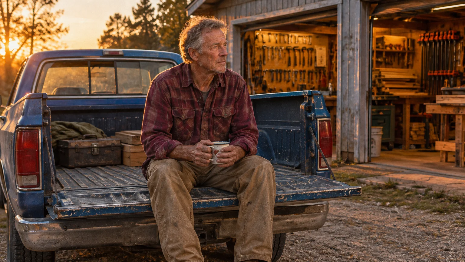 An older man in a plaid shirt sits on the tailgate of a blue pickup truck holding a mug outside a workshop at sunset.
