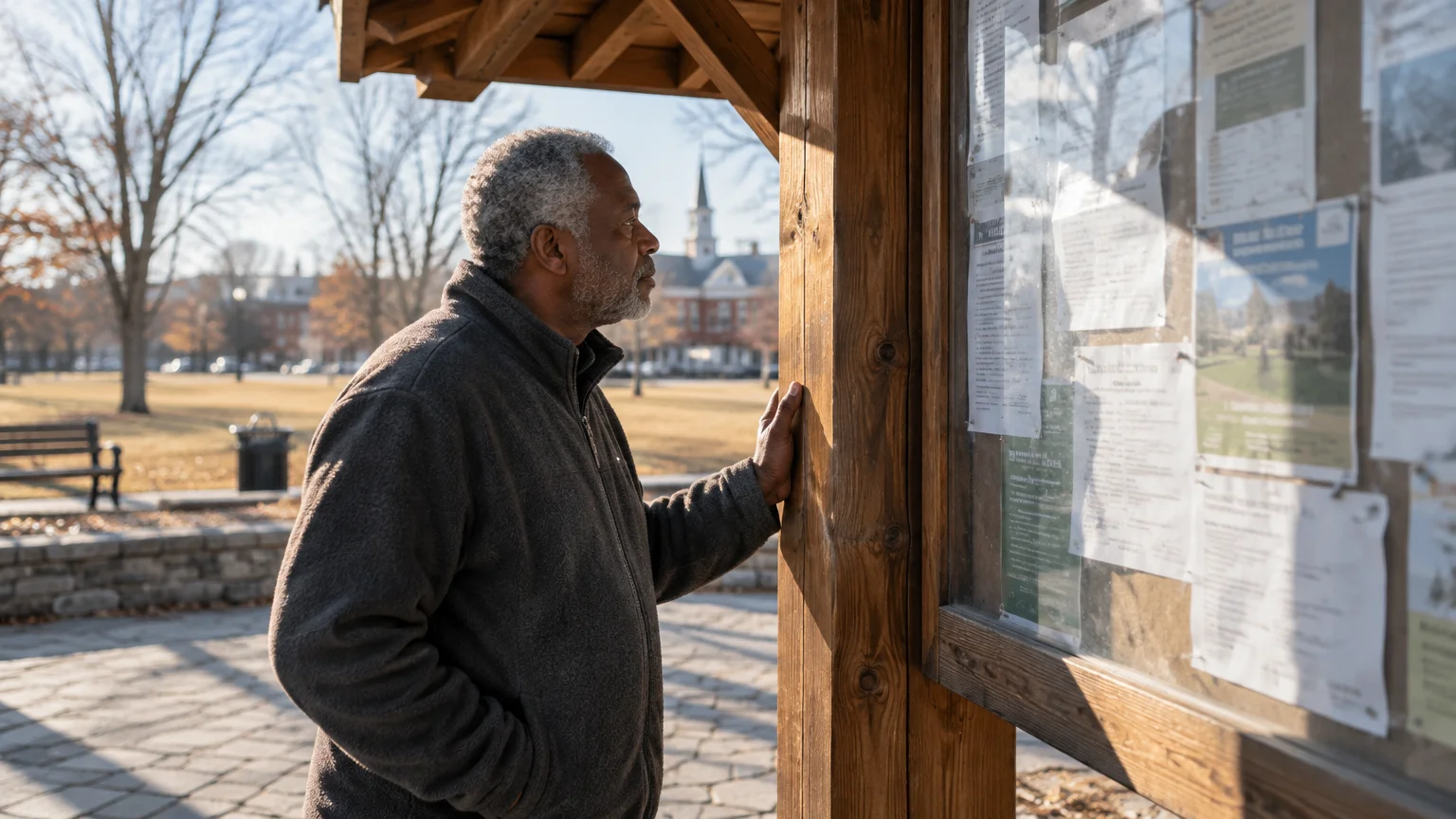 Older man with gray hair looking at notices posted on an outdoor wooden bulletin board in a park.