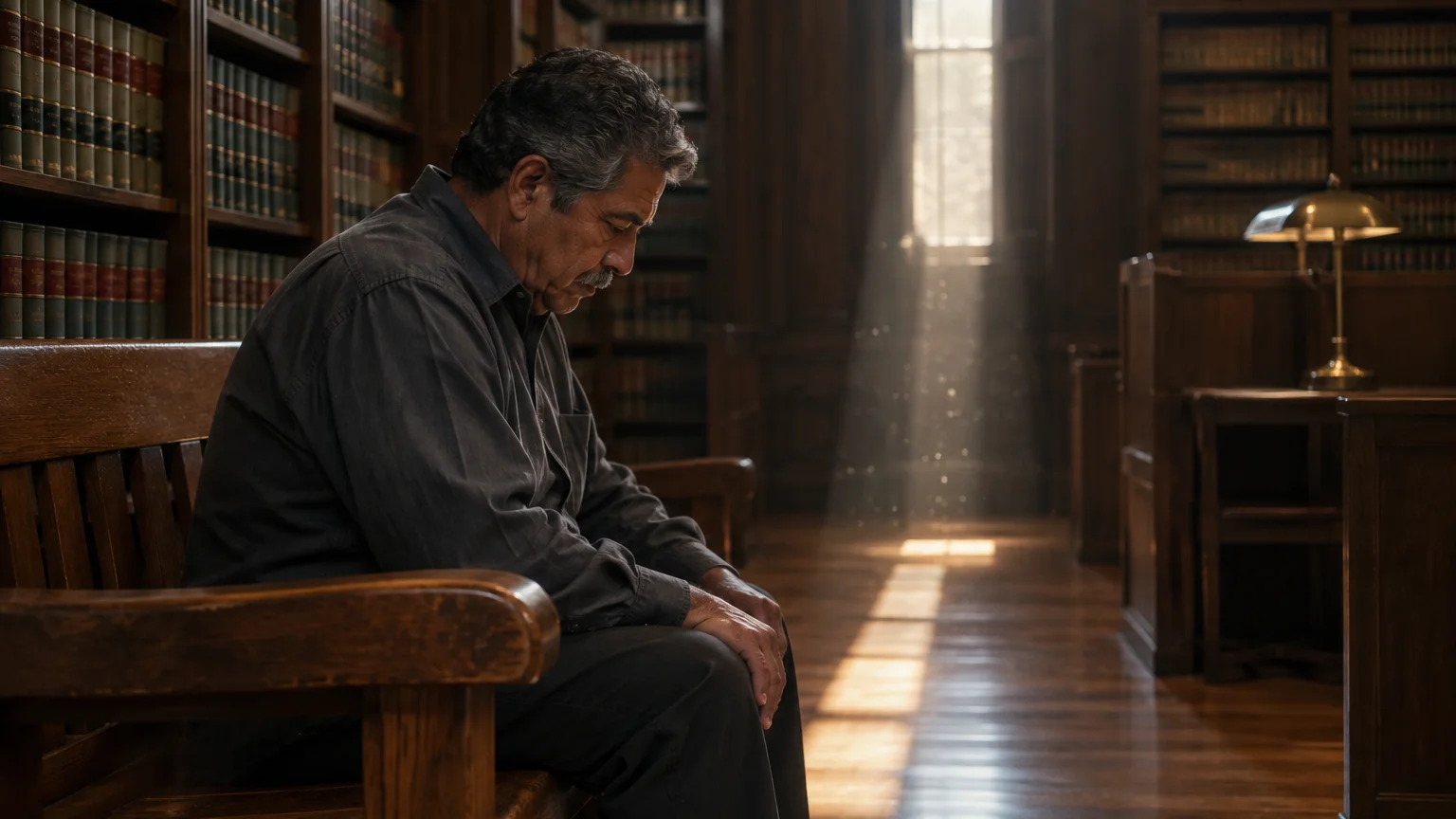 Man sits alone on a wooden bench in a sunlit law library lined with tall bookshelves.