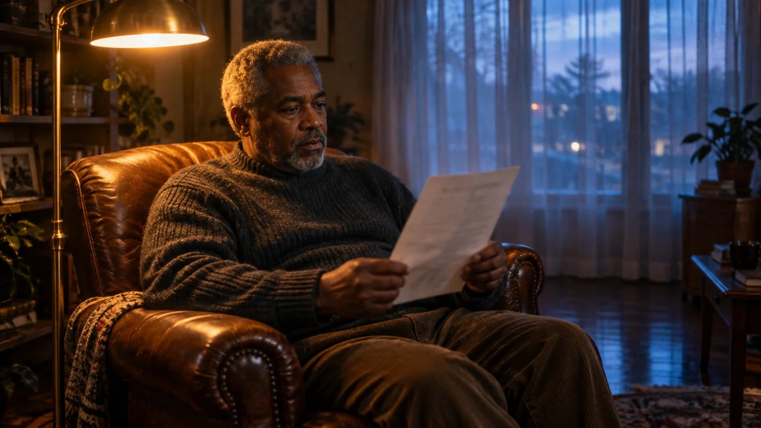 A mature man with gray hair sits in a leather armchair by a lamp reading a printed document at dusk.
