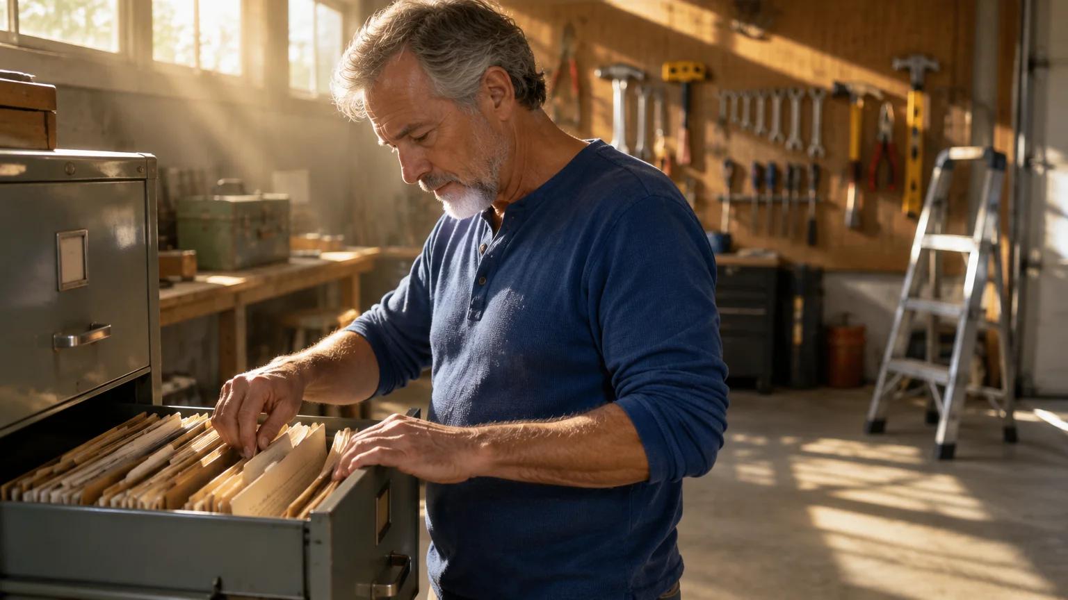 A man with gray hair searches through folders inside an open metal filing cabinet in a sunlit workshop.