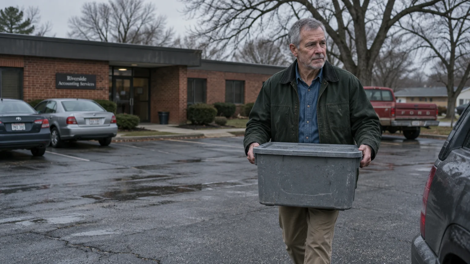 Older man carrying a grey plastic storage tub across a wet office parking lot outside a low brick building.