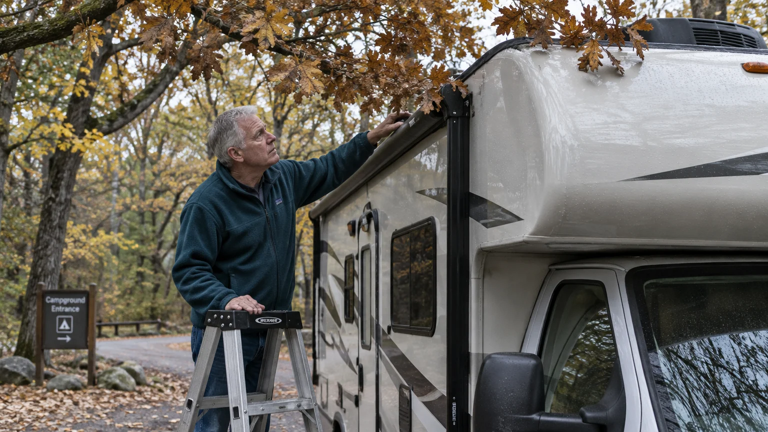 A man on a stepladder inspects tree branches touching the roof and awning of an RV in an autumn campground.
