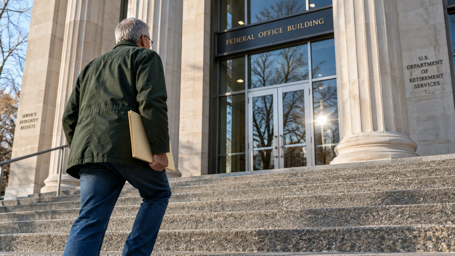 A man carrying a yellow folder walks up the stone stairs toward the entrance of a federal office building.