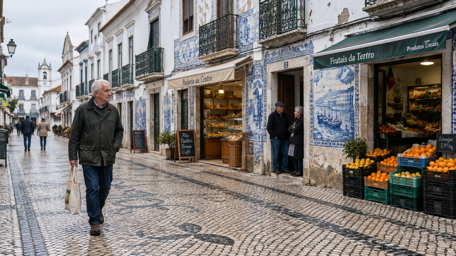 People walking along a cobbled Portuguese street lined with shops, traditional blue-and-white azulejo tiles, and fruit crates.