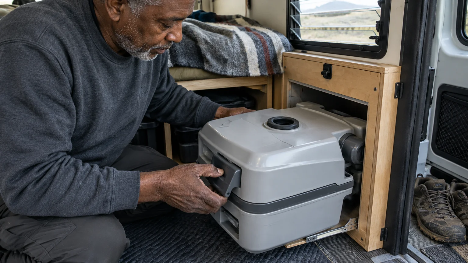 A man slides a grey portable cassette toilet out from a custom wooden cabinet inside a campervan.