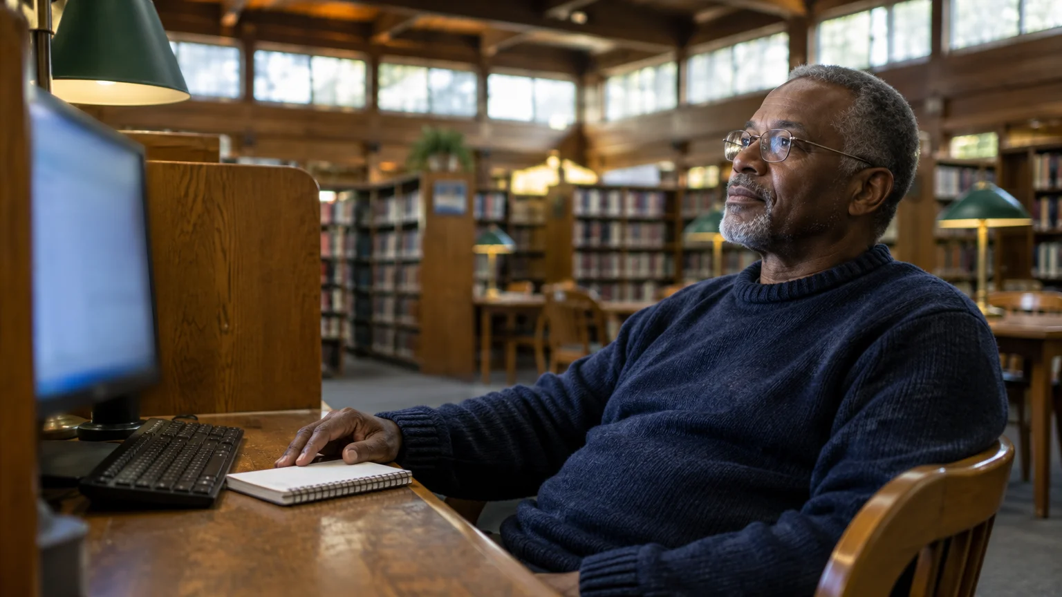A senior man with glasses sits at a wooden library carrel looking past a computer monitor and notebook.