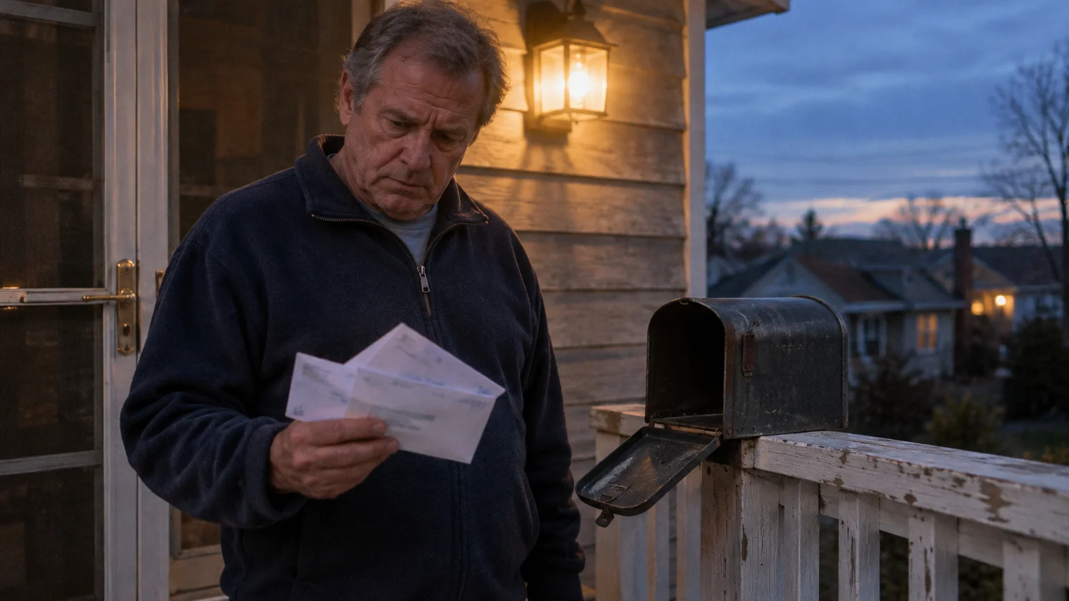 A middle-aged man stands on a porch holding mail envelopes next to an open metal mailbox.
