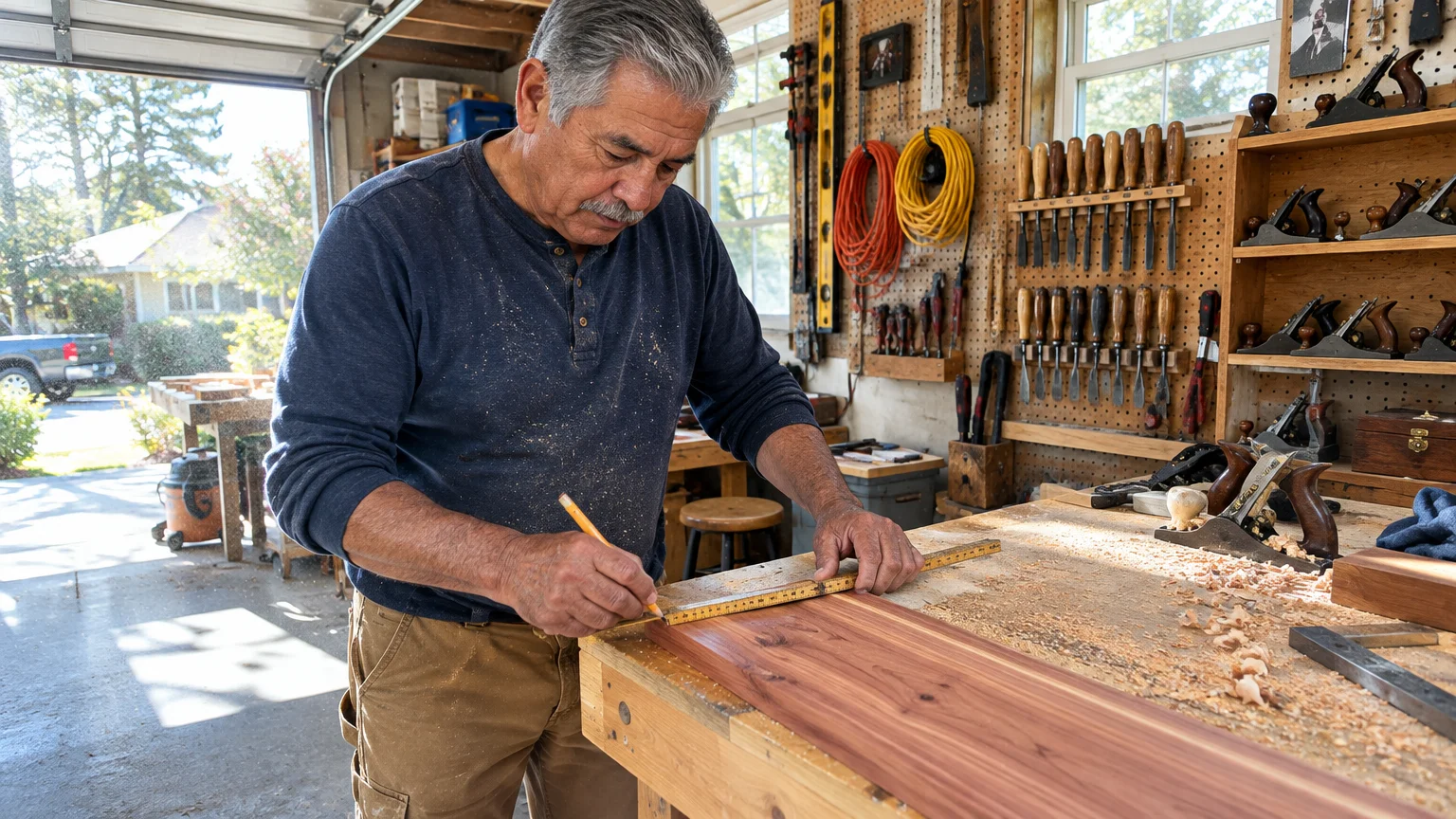 A man marks a wooden board with a ruler and pencil on a workbench in a garage workshop full of tools.