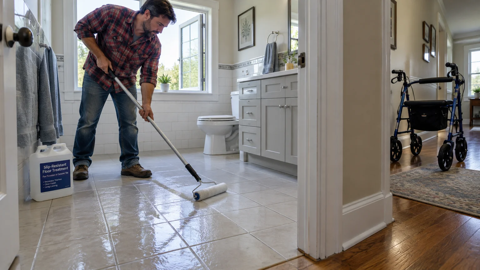 A man rolls a liquid slip-resistant treatment onto bathroom tile floors near a walker parked in the hallway.