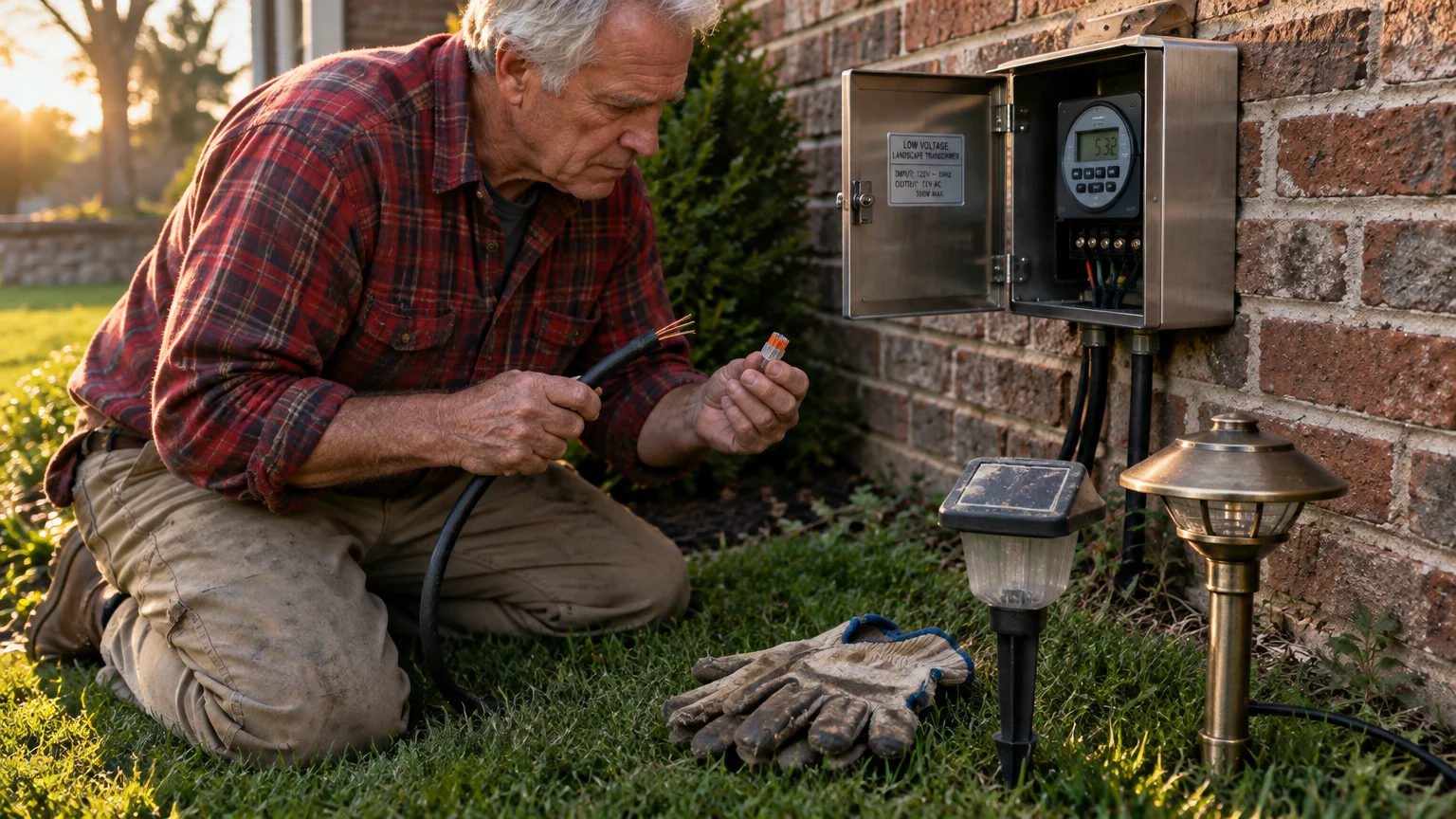 A man kneels by an open outdoor transformer box, holding landscape wiring near a solar stake and brass path light.