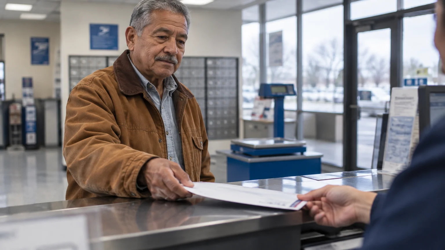 An older man in a brown jacket hands a large white envelope across a counter to a worker at a post office.