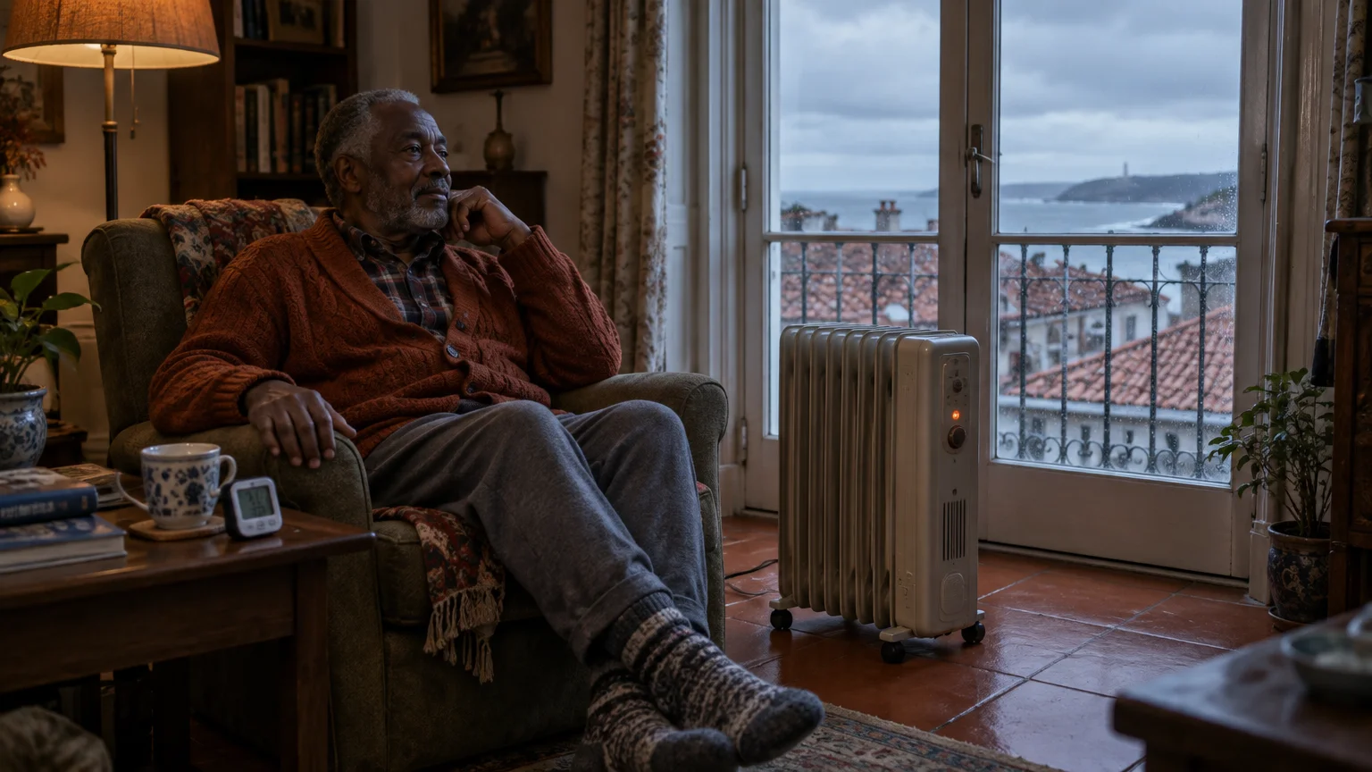 An older man in a cardigan sitting in an armchair next to a portable radiator heater by a rainy balcony door.