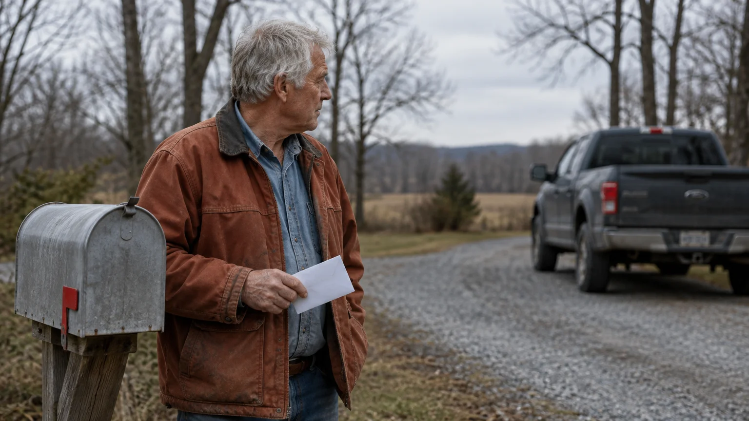An older man holding an envelope stands beside a mailbox on a rural gravel driveway near a black pickup truck.