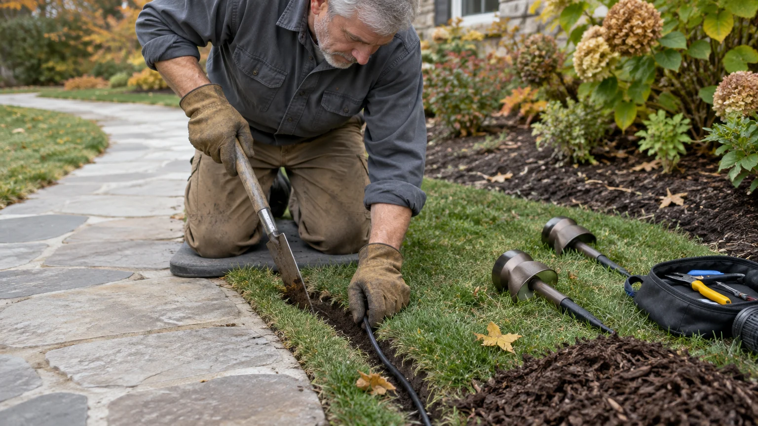 Man kneeling by a stone pathway uses a flat spade to tuck a black low-voltage cable into turf.