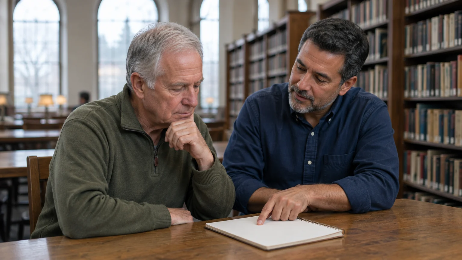Two men seated at a wooden table in a library, looking at an open blank spiral notebook together.