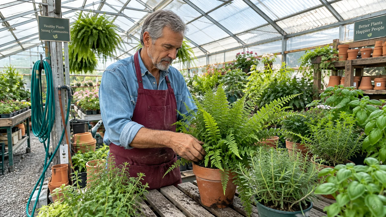 Man with gray hair in a maroon apron tending potted ferns inside a bright commercial greenhouse.
