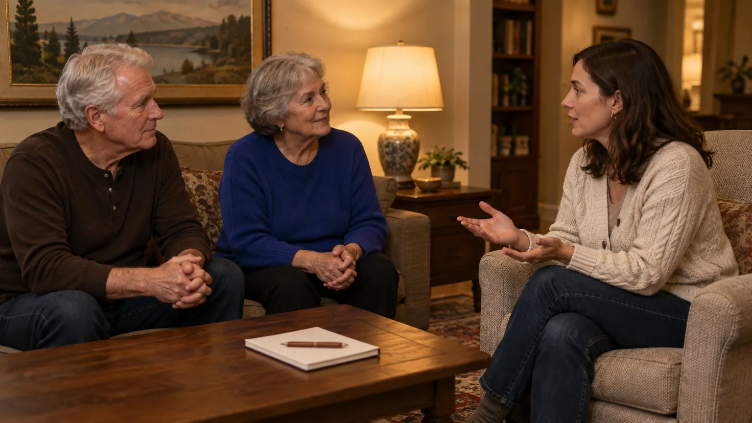 An adult daughter talks with her senior parents in a living room, with a notebook and pen resting on the coffee table.