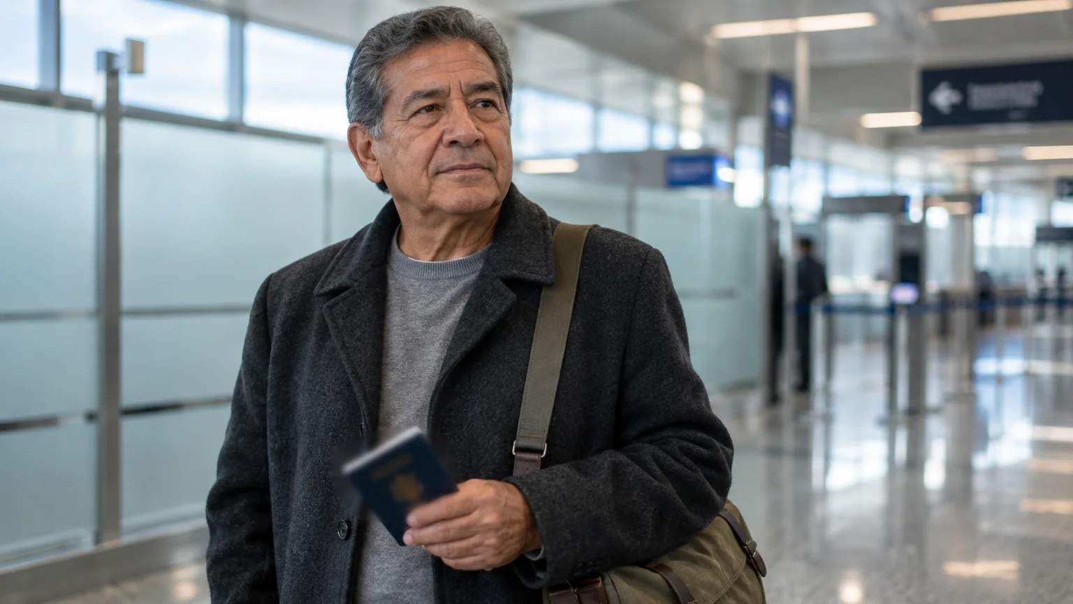 Mature man in a grey coat holding a blue passport while walking through a bright airport terminal.