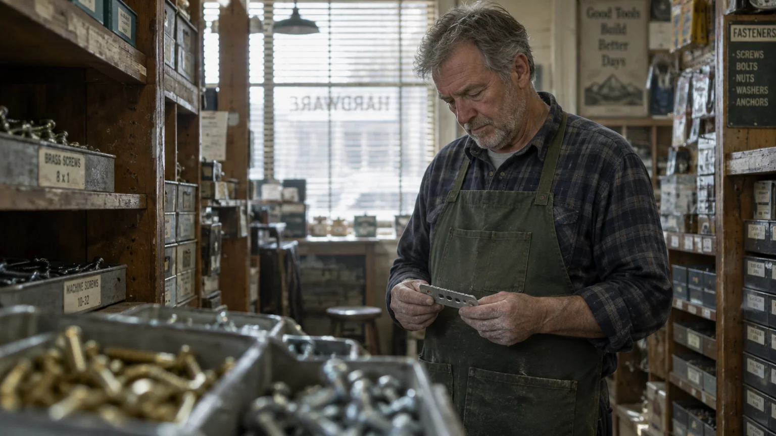 Older man wearing an apron inspects a metal hardware piece between wooden shelves in a hardware store.