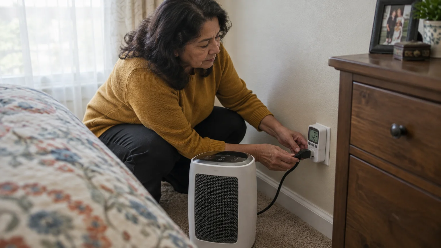 A woman plugs a white portable space heater into a digital energy monitor plugged into a bedroom wall outlet.