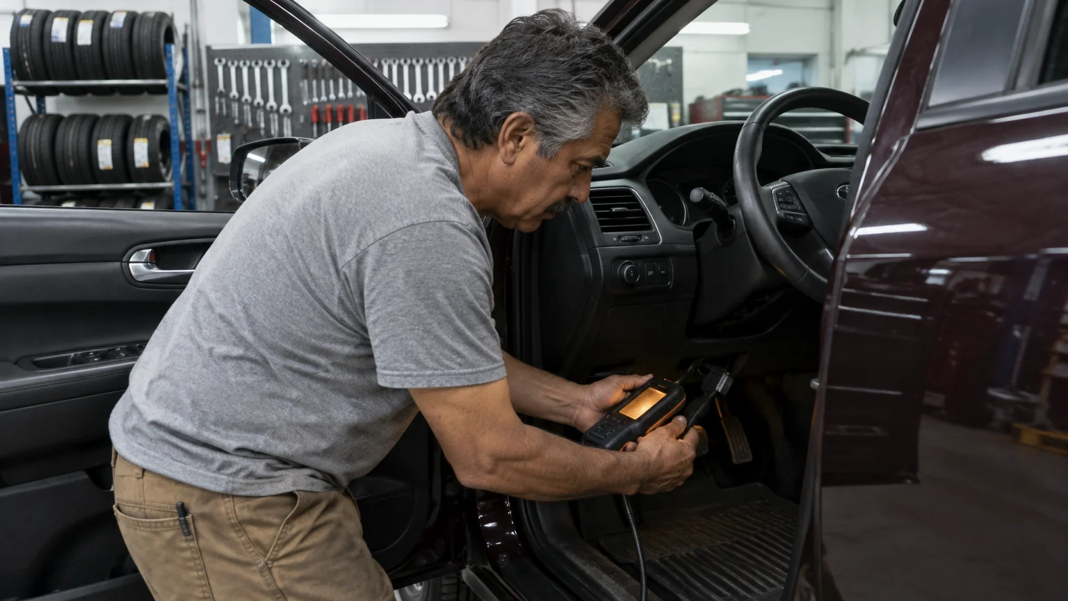 Mechanic using a handheld diagnostic scanner plugged beneath the dashboard inside a car in an auto repair shop.