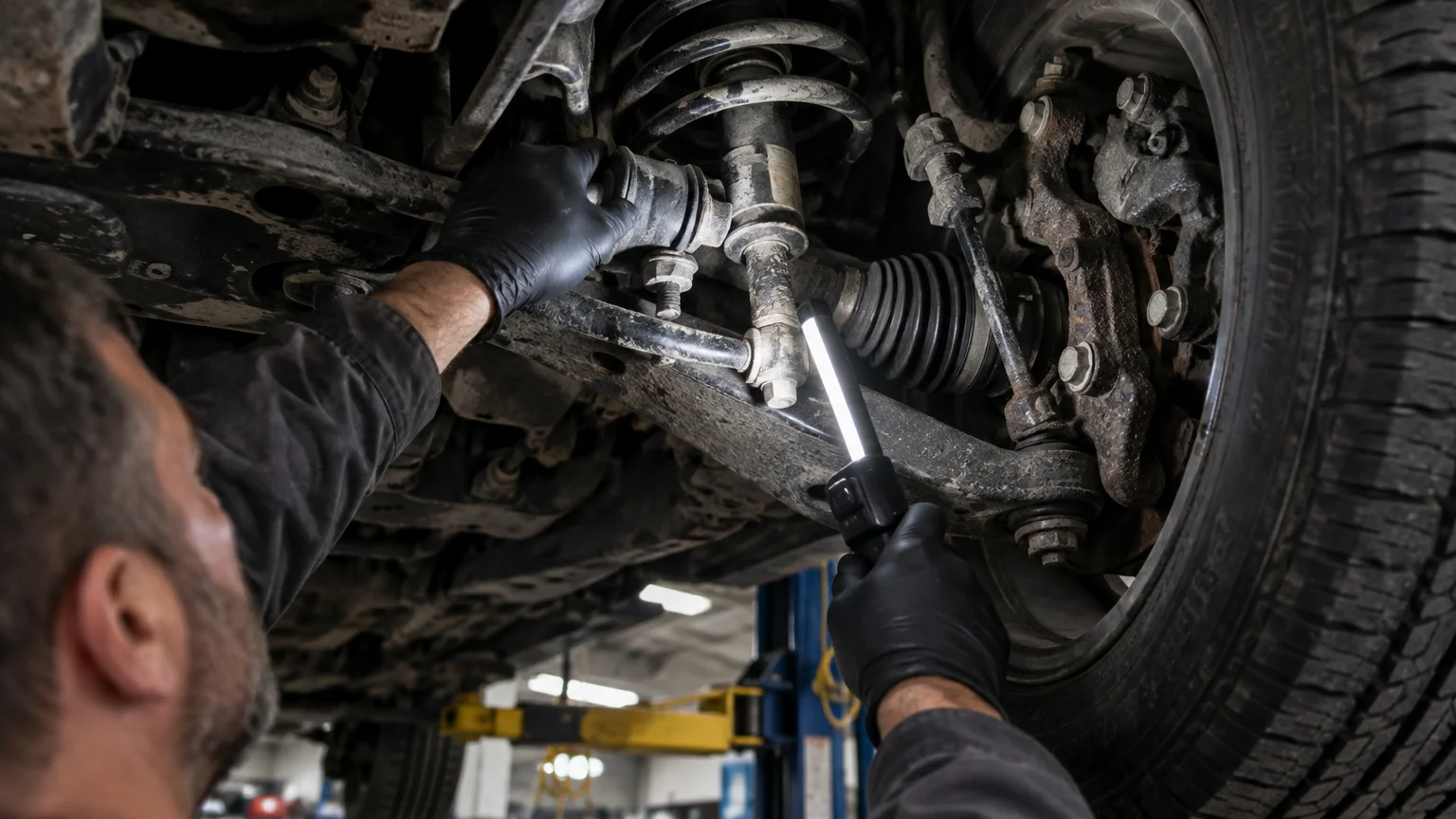 Mechanic in black gloves holding a work light while inspecting the undercarriage suspension of an elevated car.