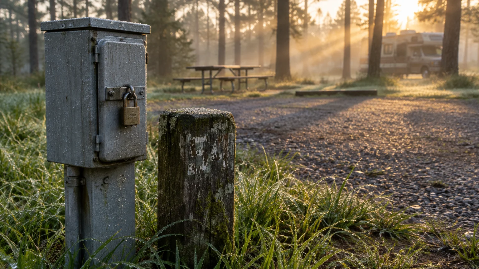 Locked metal electrical pedestal and wooden post at a wooded campsite in morning sunlight with an RV in the background.