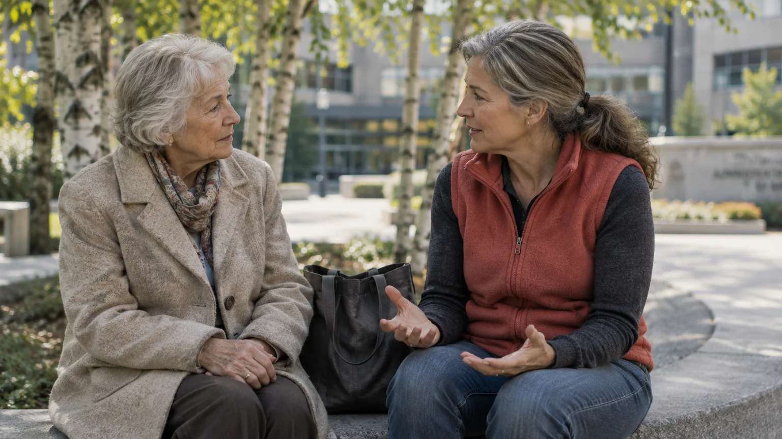 Two women sitting on an outdoor stone bench talking, with one wearing an orange vest and gesturing with her hands.