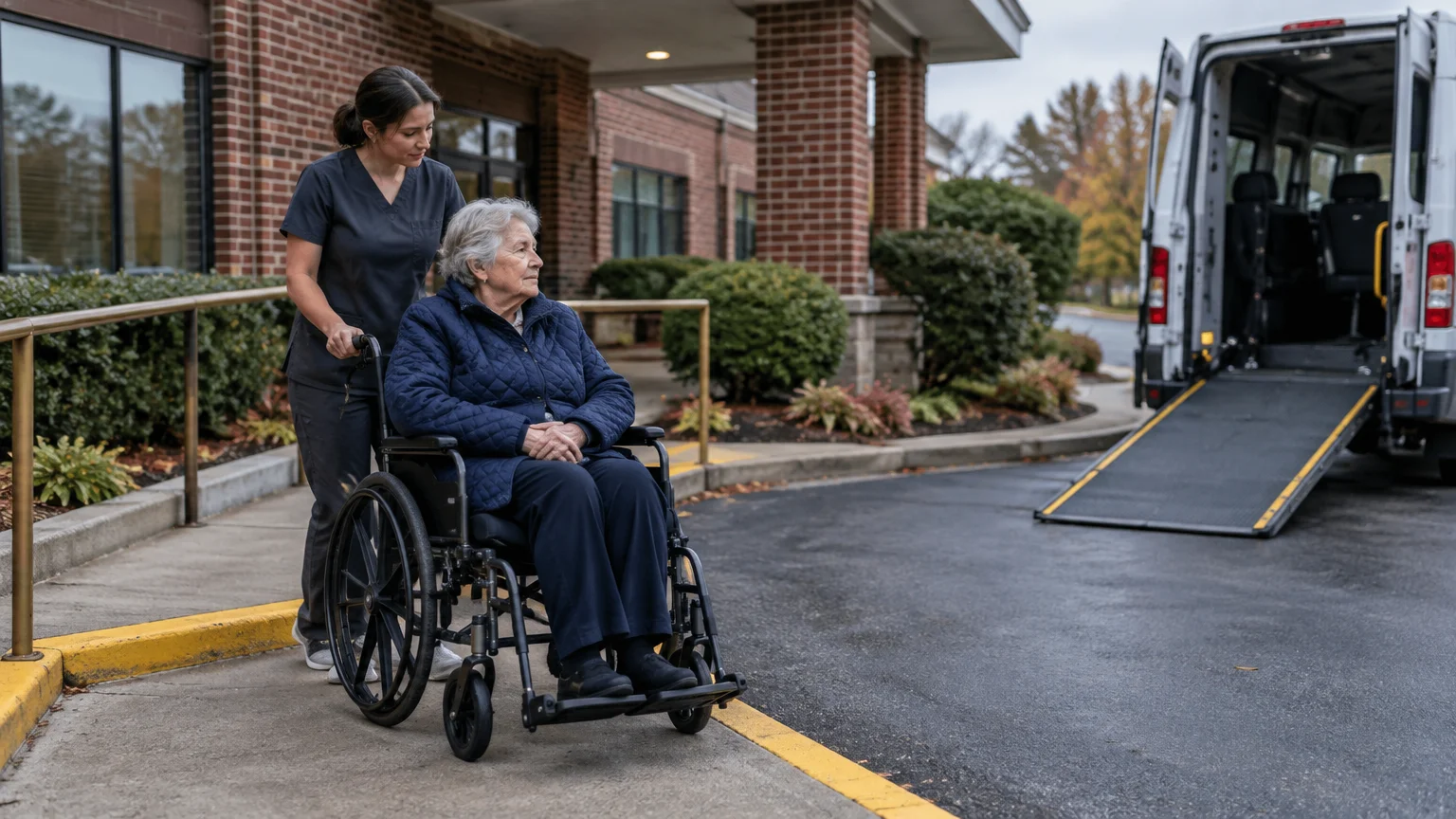 A healthcare worker in scrubs pushes an elderly woman in a wheelchair toward a transport van with an extended ramp.