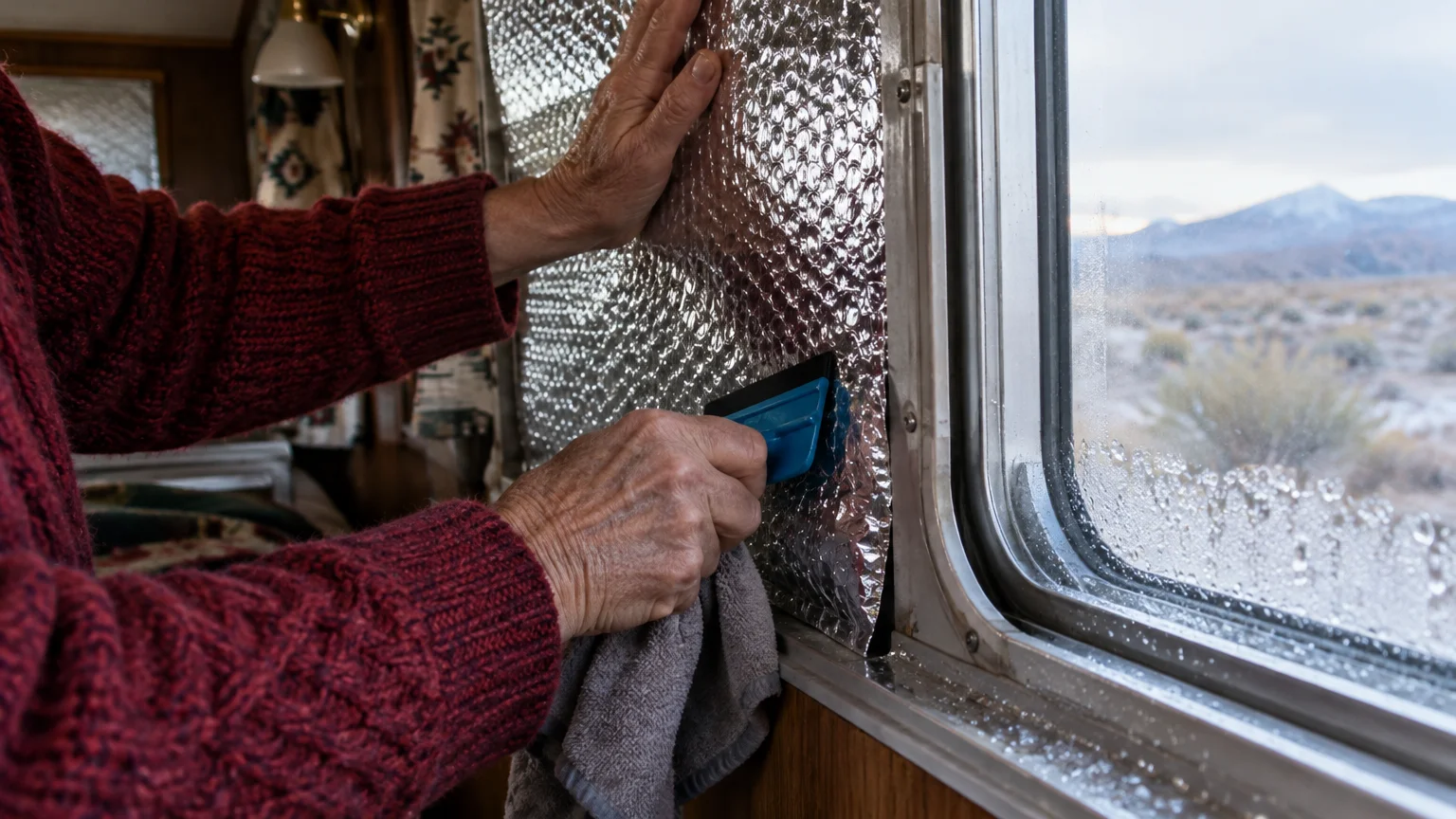 Hands smoothing reflective foil insulation against an RV window next to glass covered in condensation droplets.