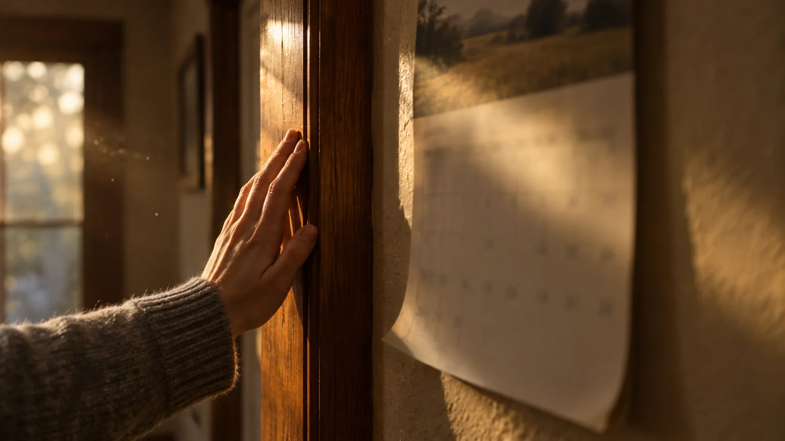 A hand rests against a wooden doorframe beside a wall calendar illuminated by afternoon sunlight.