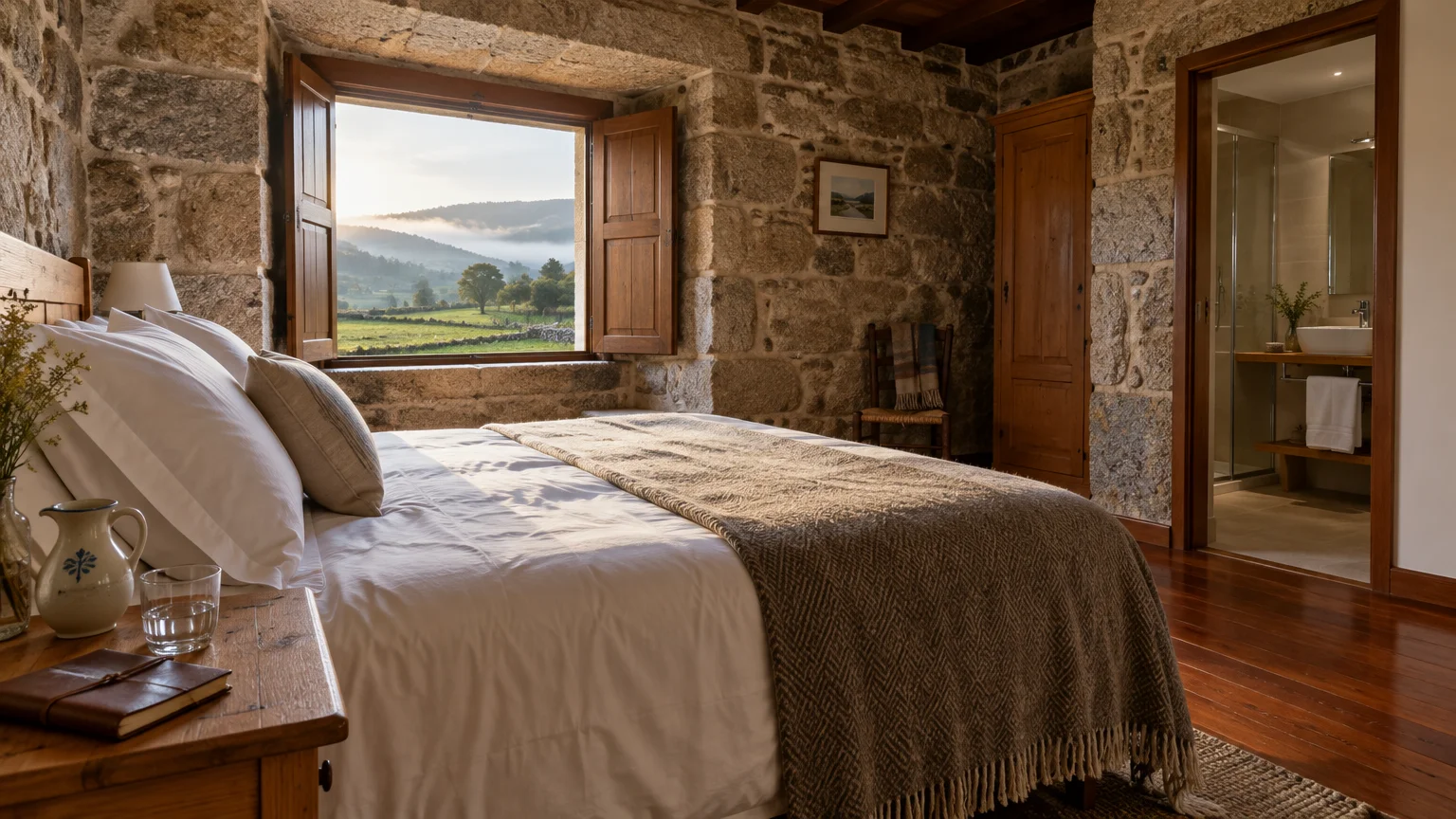 A rustic stone-walled bedroom with a made bed, en-suite bathroom, and an open window looking onto countryside hills.