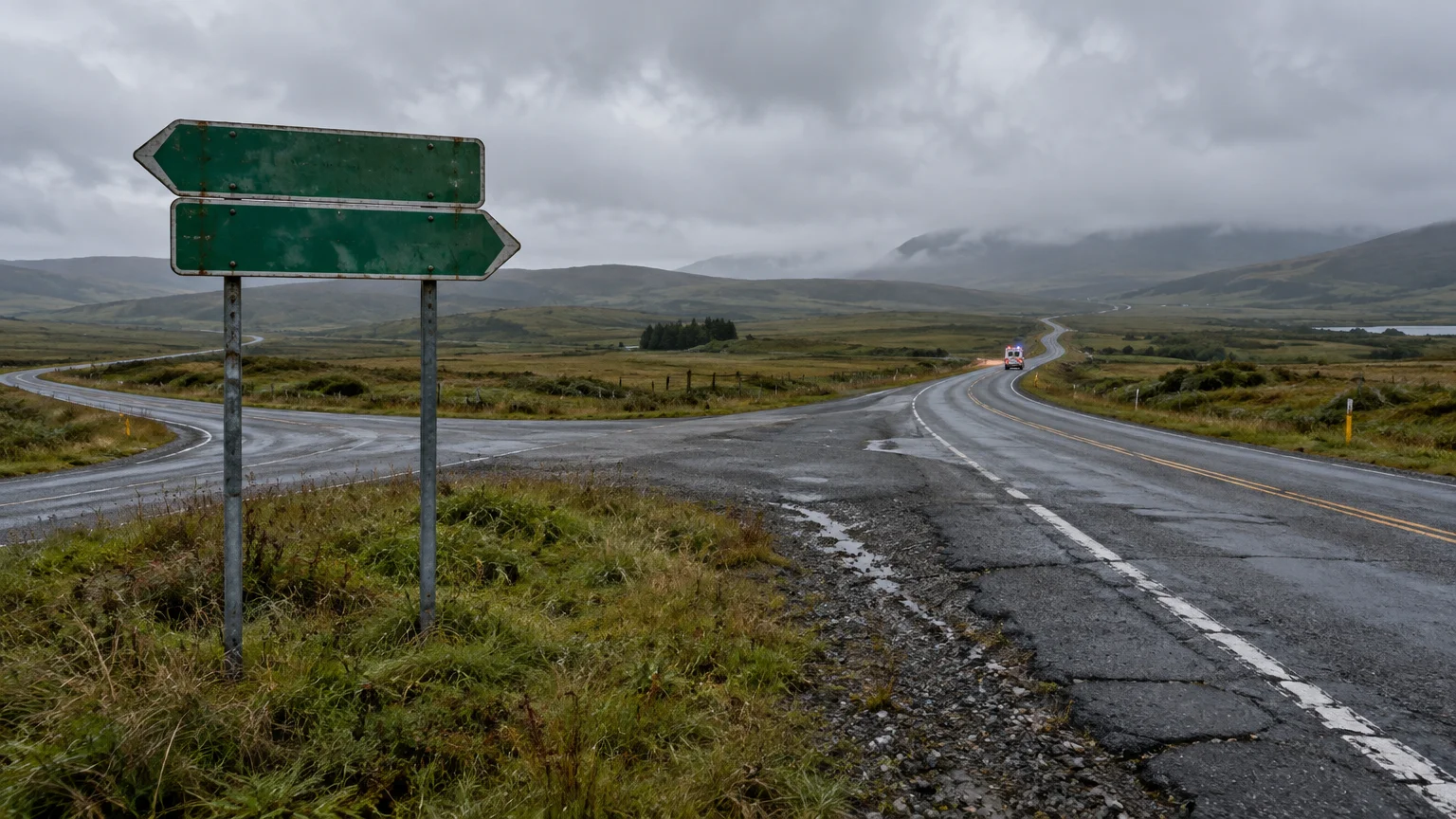 Blank green road signs at a rural fork in the road as an ambulance drives along a winding asphalt highway.