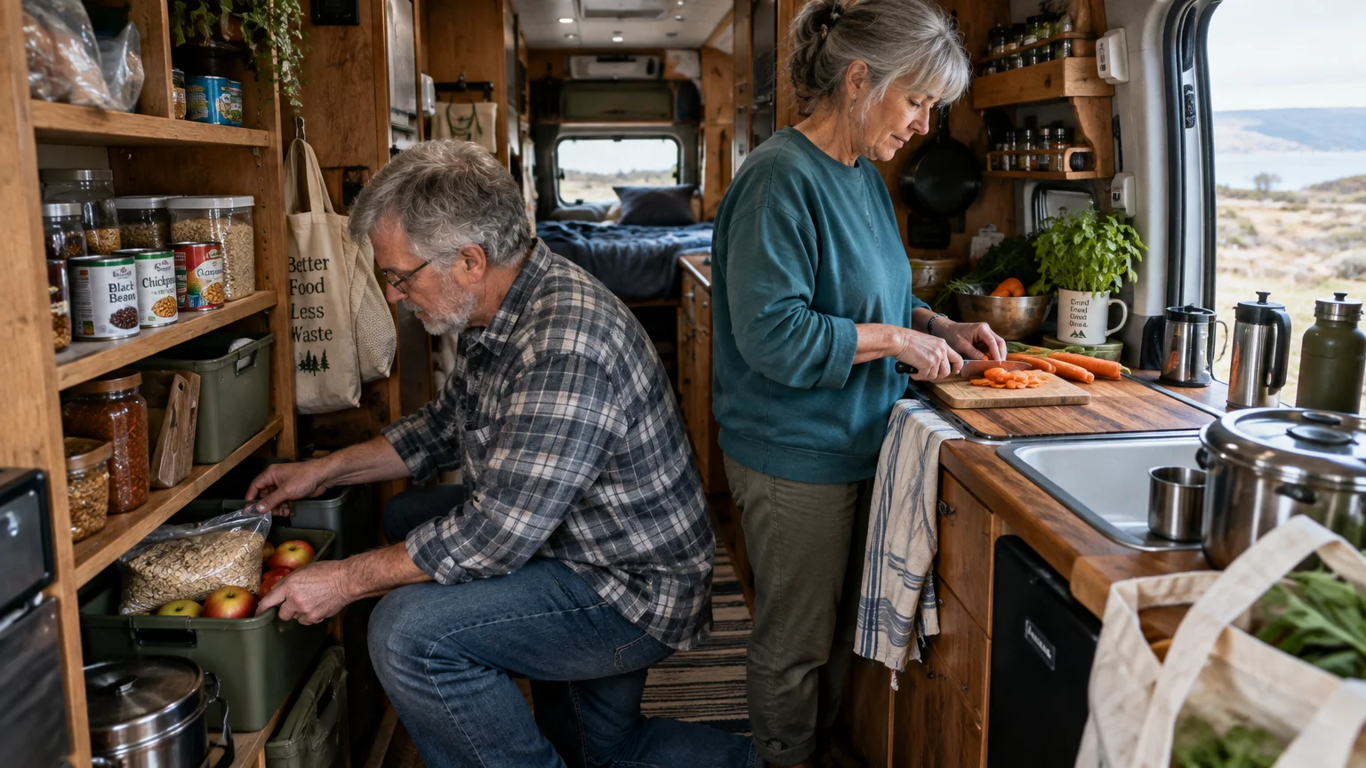 A senior couple prepares food inside an RV camper kitchen lined with wooden shelves, fresh produce, and dry goods.