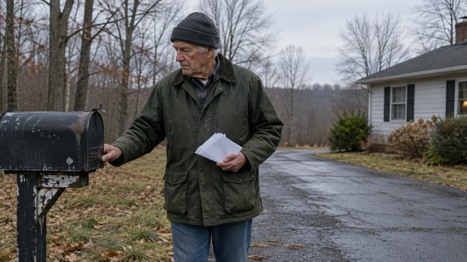 An older man wearing a knit beanie and jacket checks his outdoor mailbox while holding a stack of envelopes.
