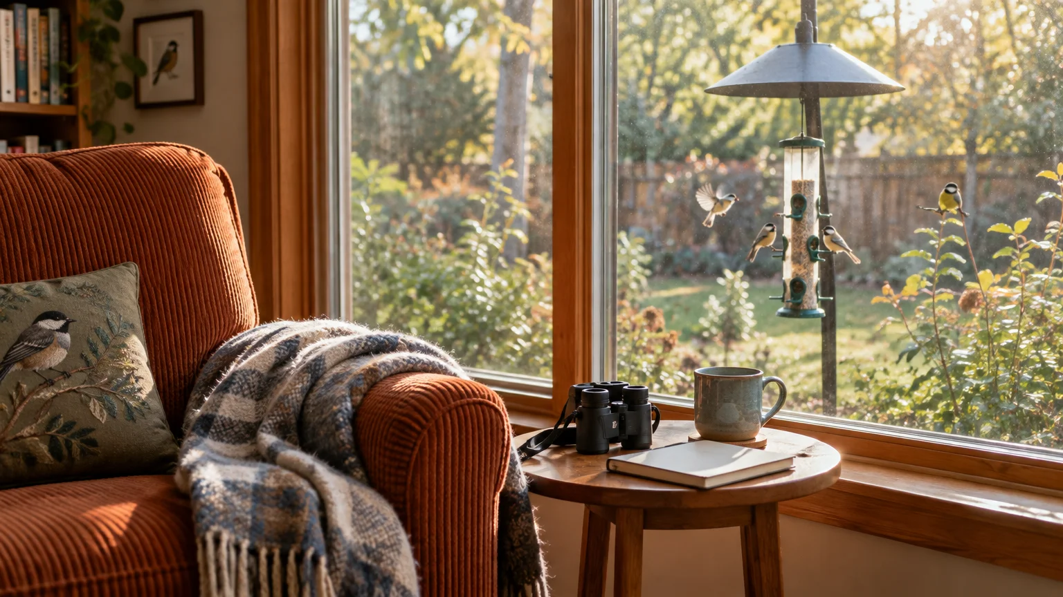 Armchair and table with binoculars by a window overlooking small birds eating at an outdoor seed feeder.