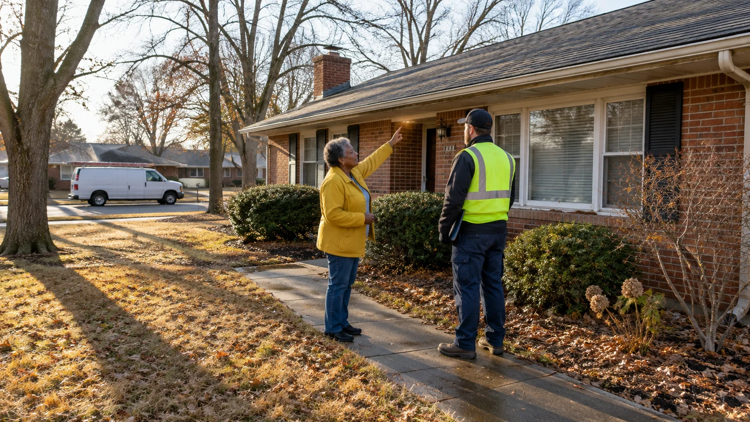 A woman points toward the roof of a brick ranch house while talking to a contractor in a safety vest.