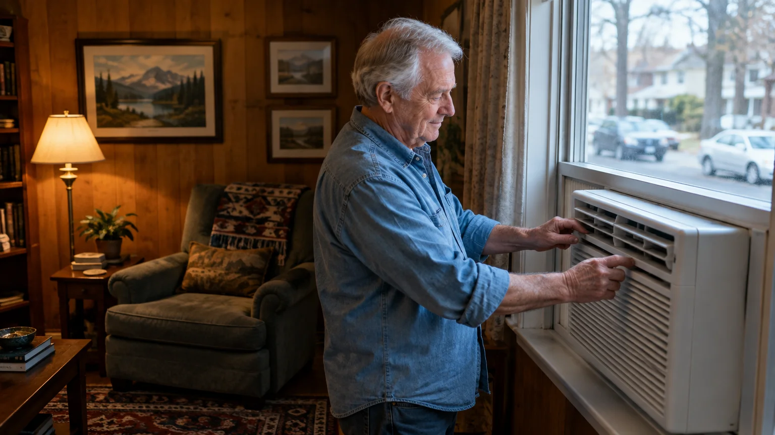 Older man adjusting the vents of a white window air conditioning unit installed inside a wood-paneled room.