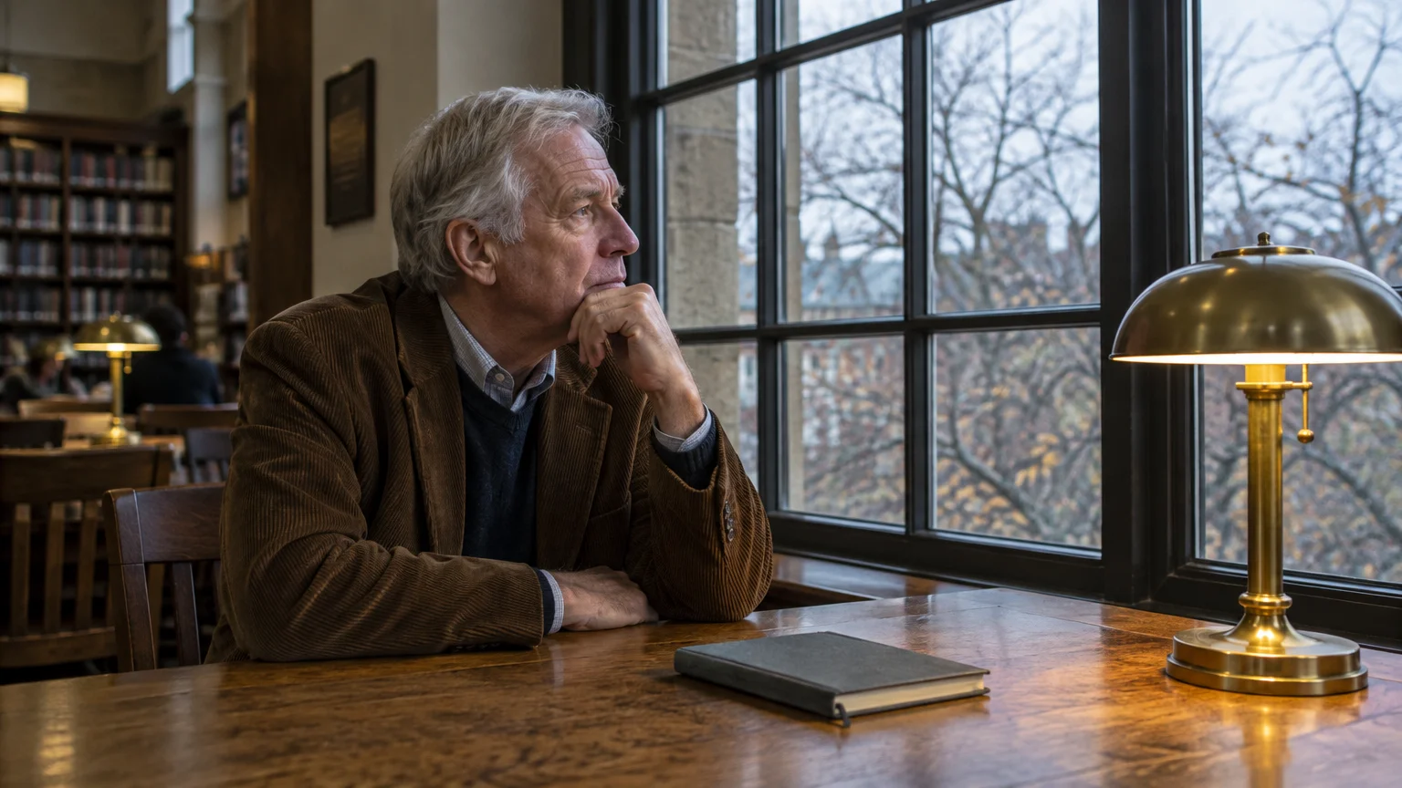 A senior man in a brown corduroy jacket sits thoughtfully at a library table beside a large window and a brass lamp.