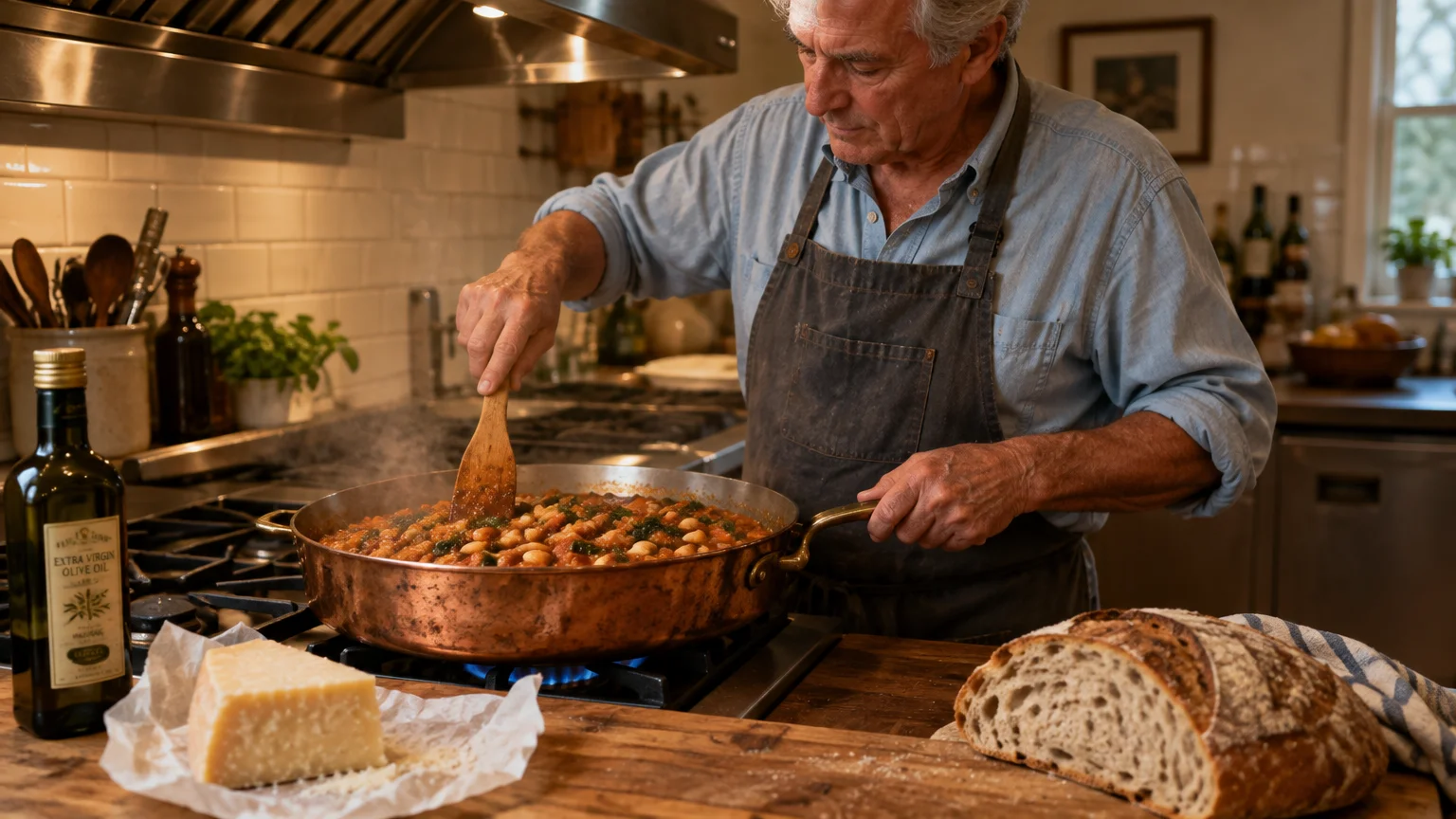 An older man stirs a simmering stew in a copper pan on a stove near parmesan cheese and crusty bread.