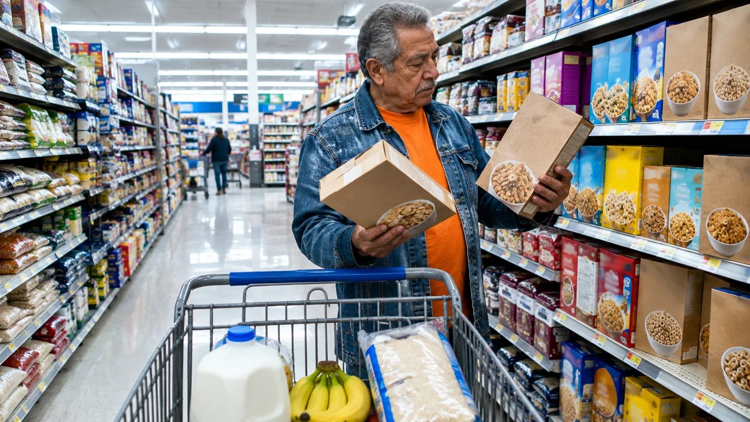 A man in a grocery store aisle compares two cereal boxes while standing behind a shopping cart.