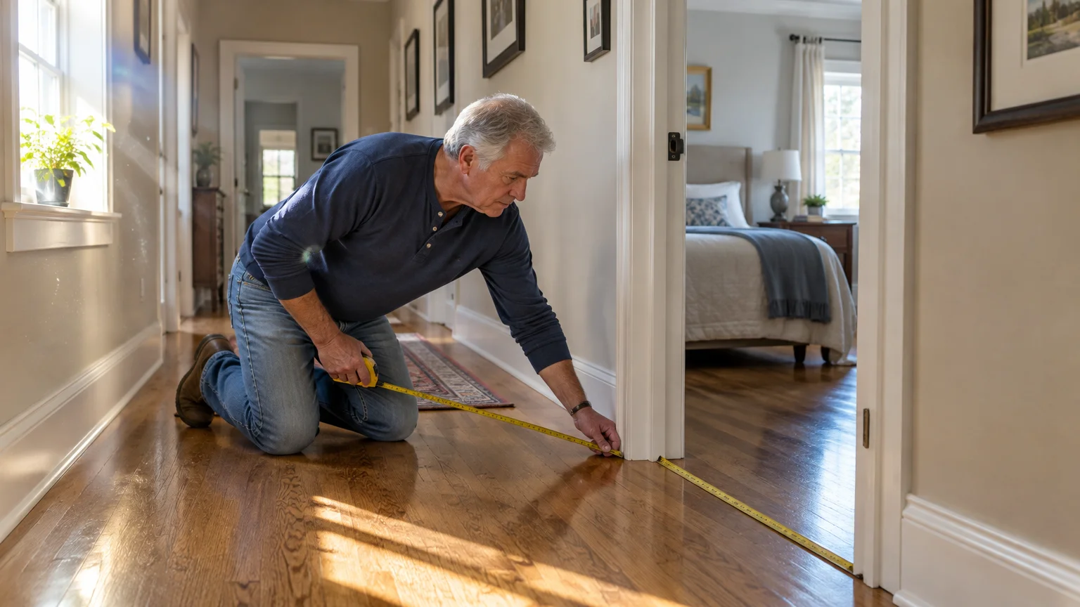 An older man kneels on a hardwood hallway floor using a yellow tape measure across a bedroom doorway.