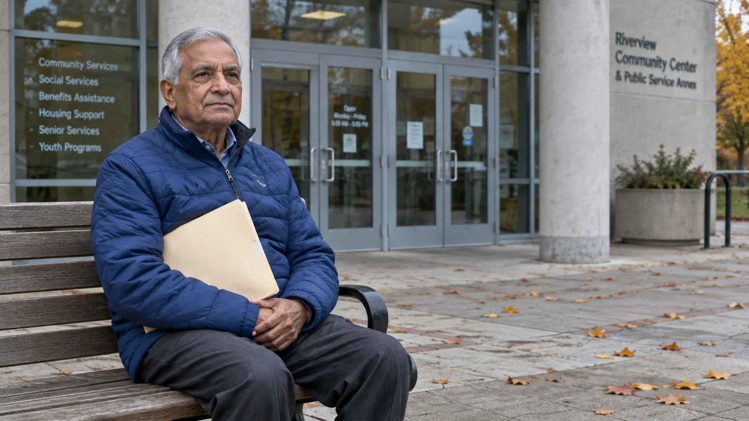 Older man in a blue jacket holding a folder while sitting on a bench outside a community center building.