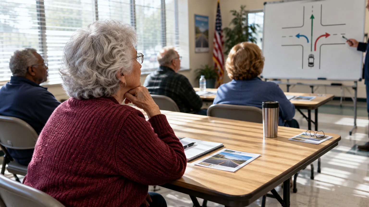 Senior adults sitting at classroom tables watching an instructor present a traffic intersection diagram on a whiteboard.