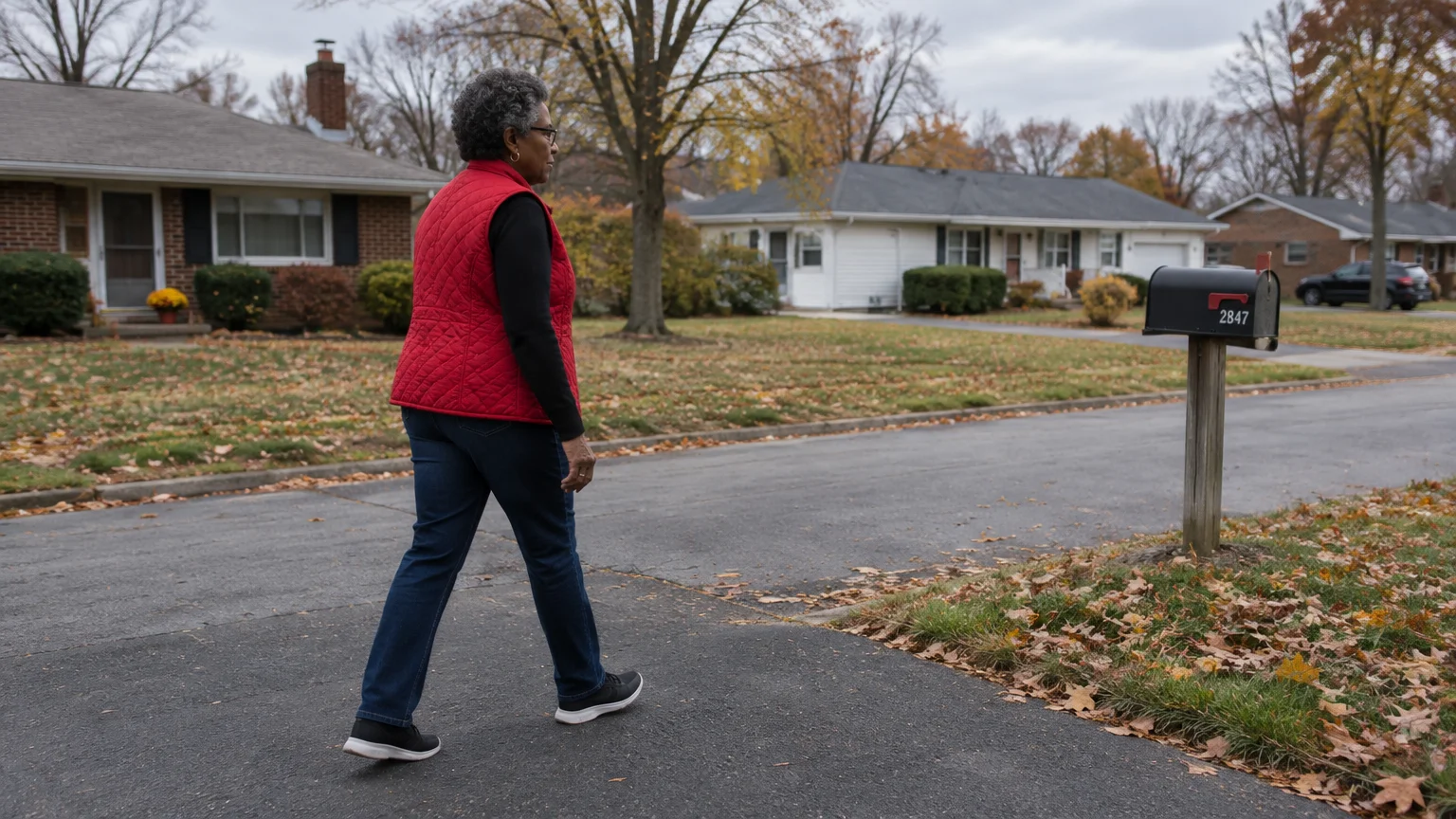 Older woman in a red vest and jeans walks down a paved driveway toward a mailbox in a suburban neighborhood.