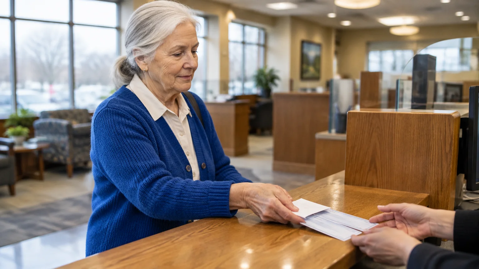 An older woman in a blue cardigan hands checks across a wooden counter to a bank teller.